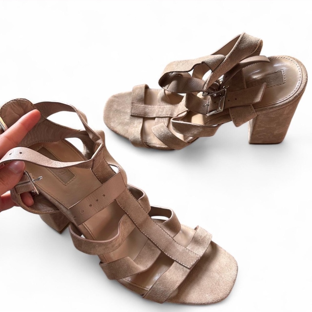 Women’s Tan suede block heel sandals # forever 21